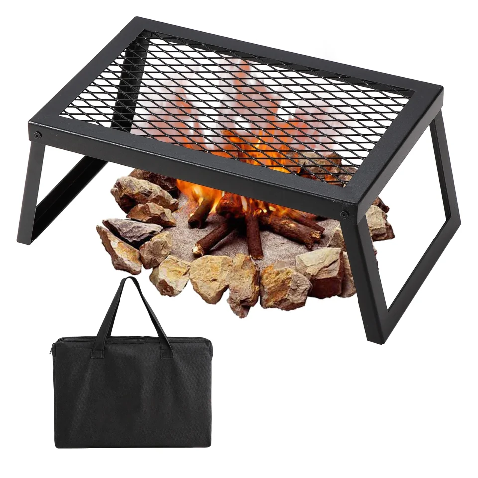 Storage BENTISM Folding Campfire Grill, 18 Portable Camping Grates Over Fire Pit, Heavy Duty Steel Mesh Grate, Camping Grill with Legs & Carrying Bag