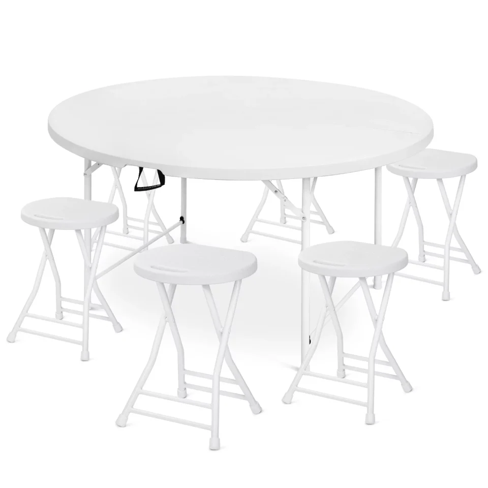 Prime MoNiBloom 7 Pieces 5 FT Folding White Round Table and Chair Set, Banquet Event Wedding Card Desk with Handle and Foldable Stools