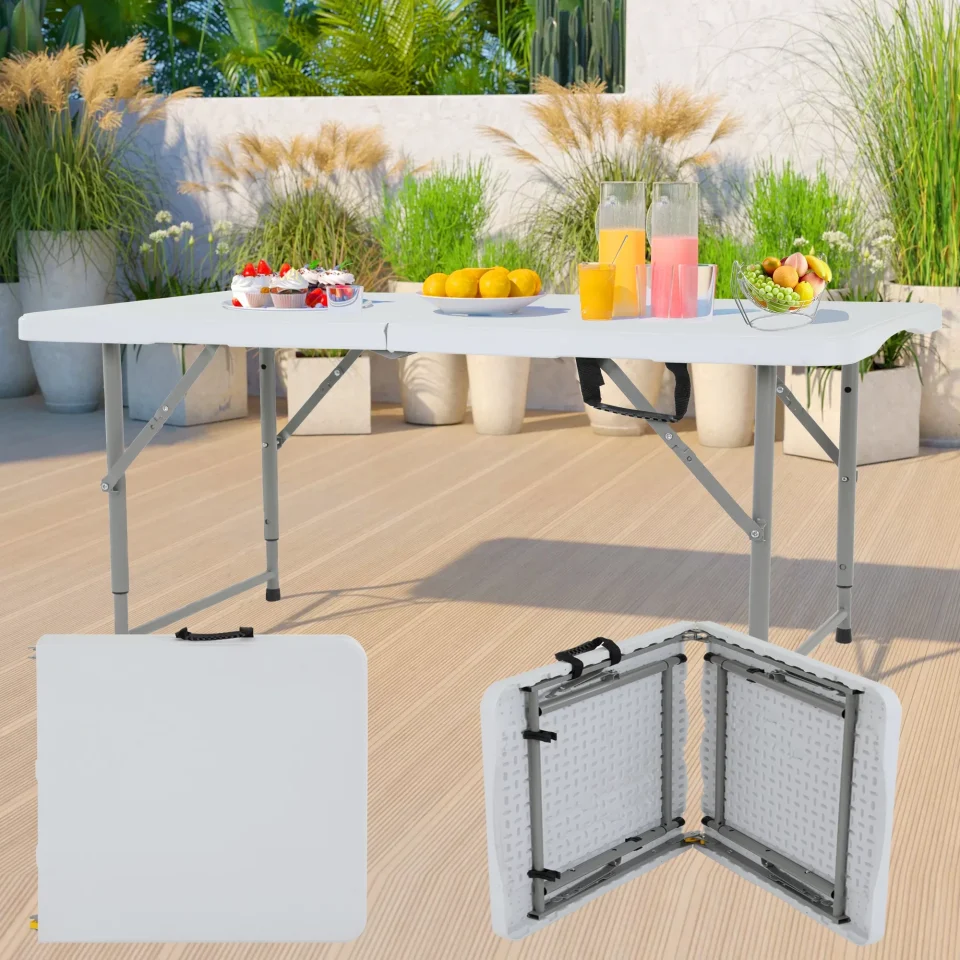 Storage 4FT Folding Camping Table Plastic Portable Picnic Table Indoor Outdoor Adjustable Height Folding Dining Camp Table with