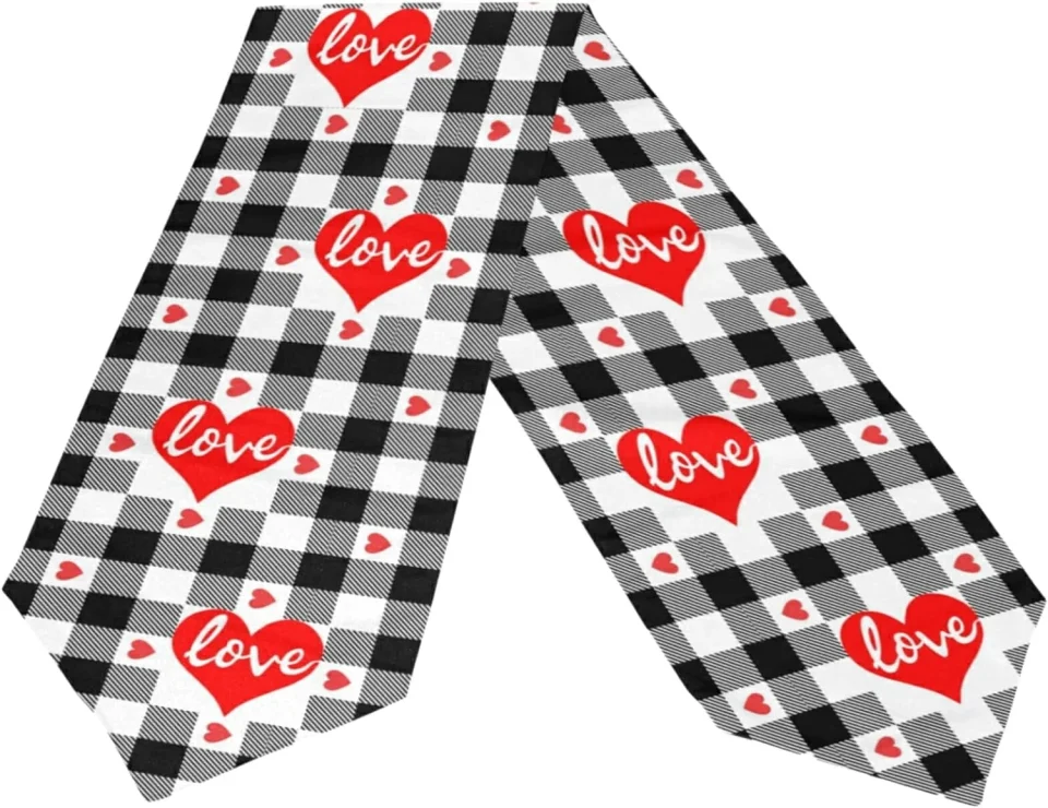 Top-Rated Dreamtimes Double Sided Valentine's Day Long Polyester Table Runner 13 x 70 Inches Black and White Plaid Hearts Table Cloth Cover Placemats for Kitchen Dinning Living Holiday Wedding Party Decor