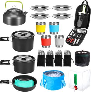 Essential Camping Cookware Set. Gejoy 42 Pcs Camping Cookware Mess Kit. Non Stick Lightweight Pots Pan Kettle. Collapsible Water Container and Bucket