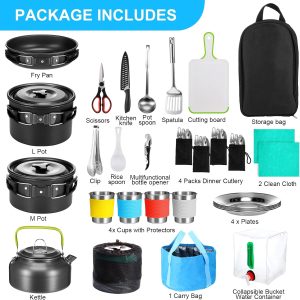 Essential Camping Cookware Set. Gejoy 42 Pcs Camping Cookware Mess Kit. Non Stick Lightweight Pots Pan Kettle. Collapsible Water Container and Bucket