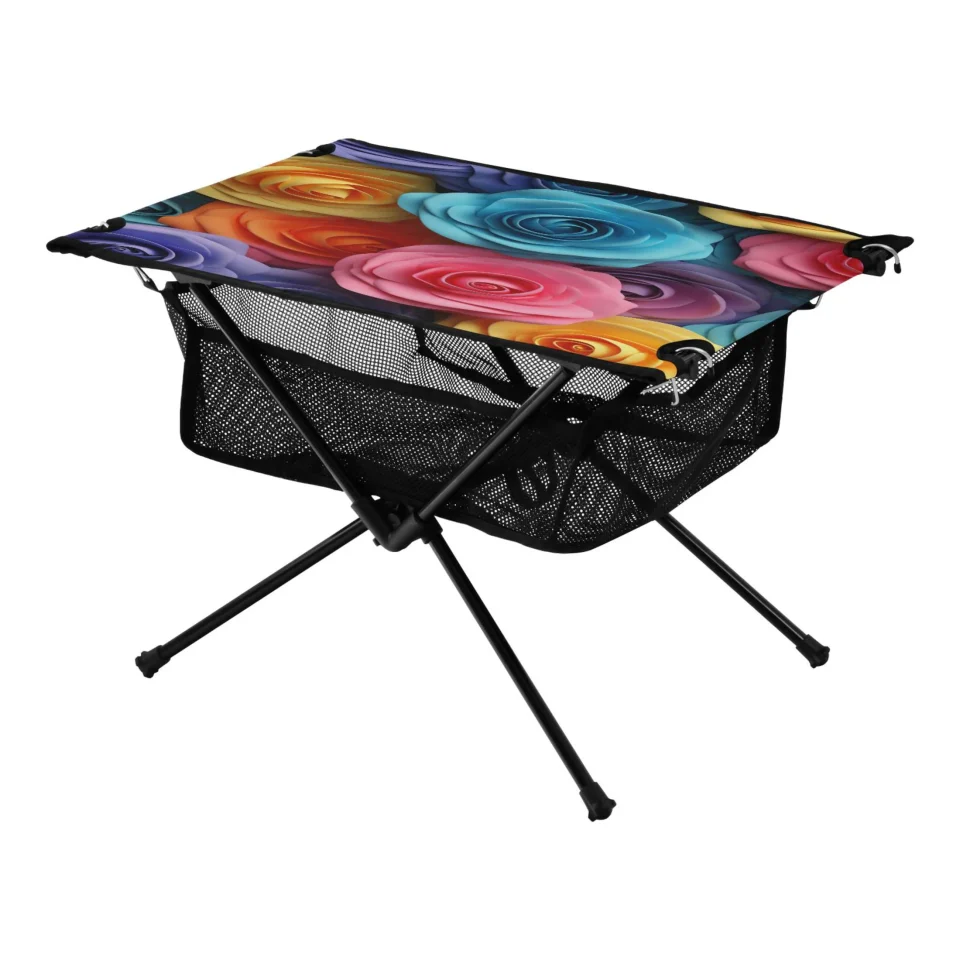 Top-Rated Rose Flowers Camping Folding Table Portable Beach Table with Storage Bag Compact Picnic Table for Outdoor Travel Fishing BBQ