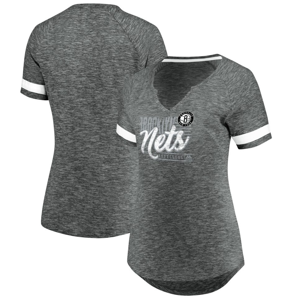 Eco-Friendly Upgraded Women's Fanatics Branded Gray/White Brooklyn Nets Showtime Winning With Pride Notch Neck T-Shirt