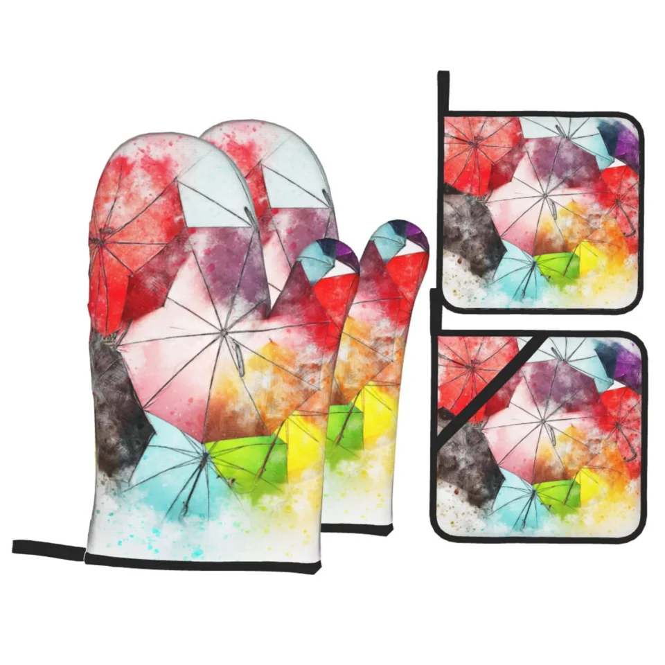 Ceramic Easy-Clean YFYANG Oven Mitts and Pot Holders Sets 4 Pieces, Non-Slip Heat Resistant Vintage Watercolor Umbrella Kitchen Glove Pot Mat for Cooking and Baking