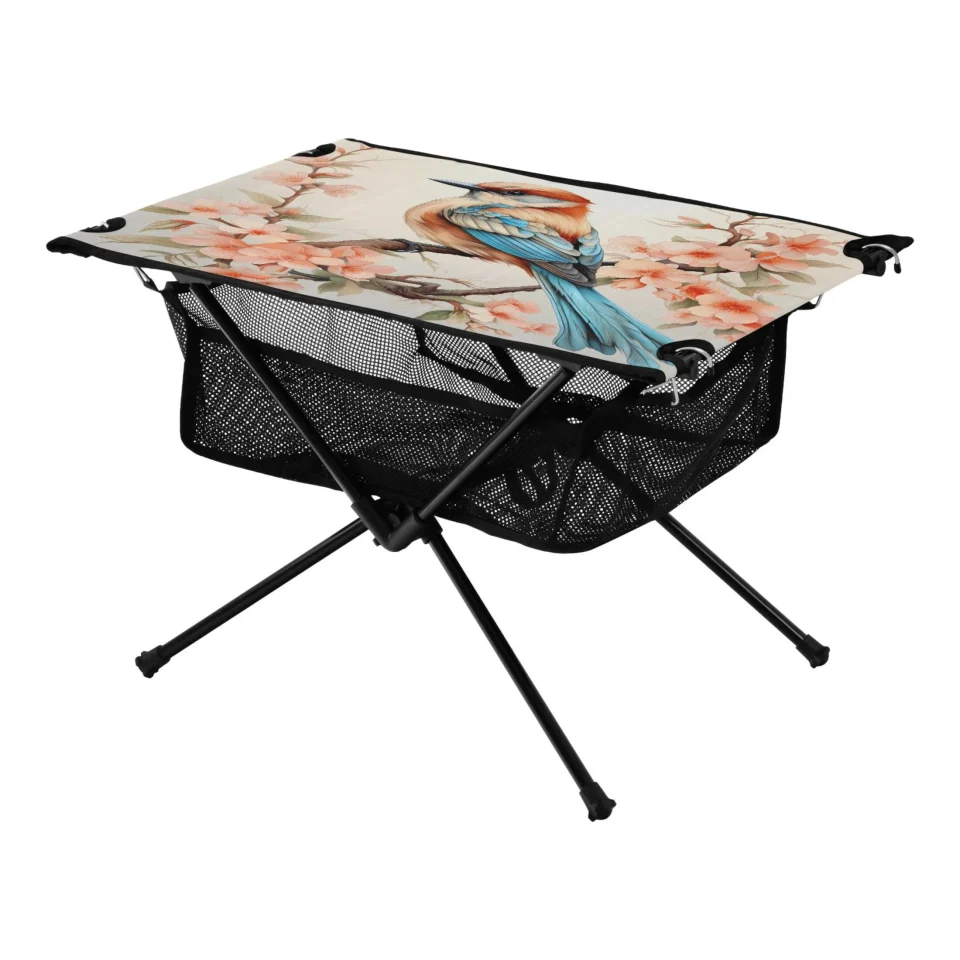 Premium Bird on Floral Camping Folding Table Portable Beach Table with Storage Bag Compact Picnic Table for Outdoor Travel Fishing BBQ