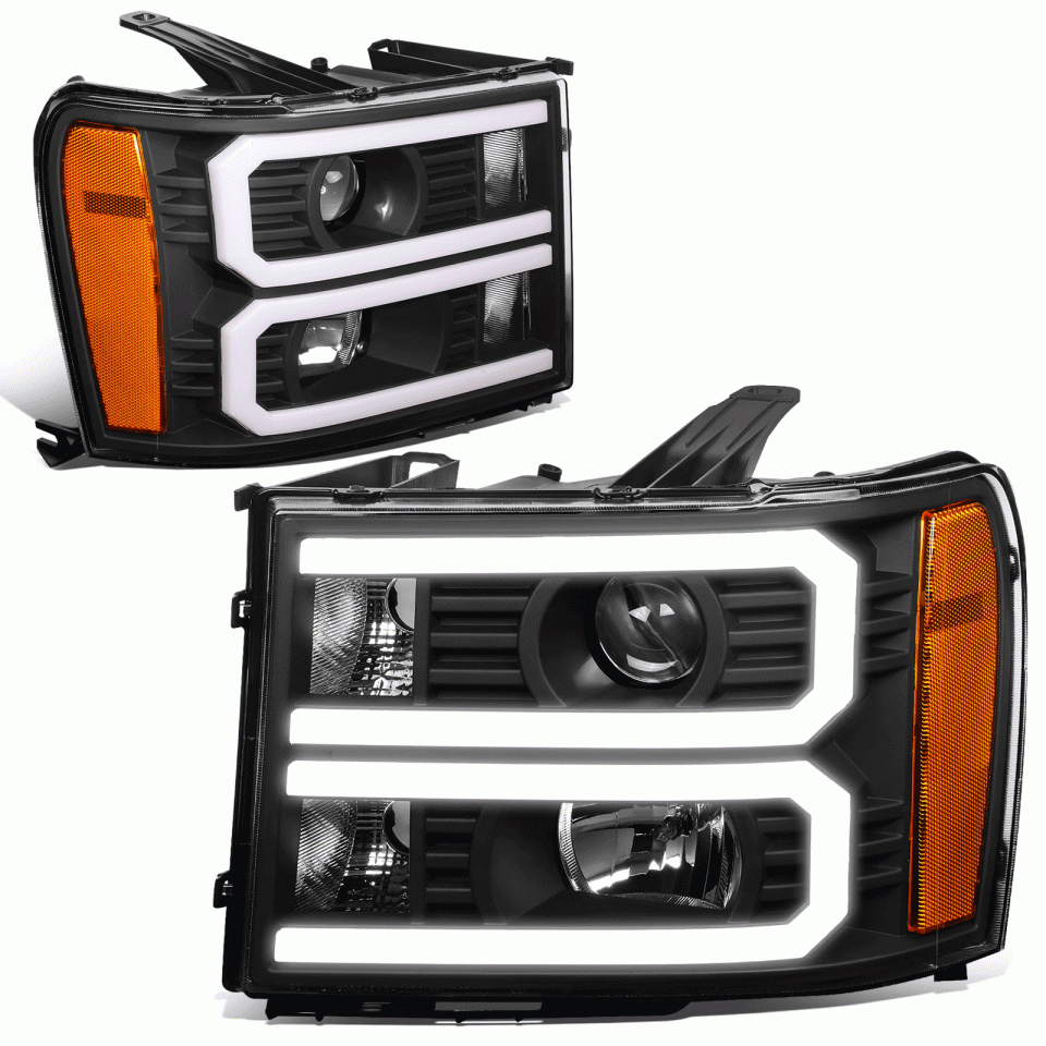 Safe Healthy 07-14 GMC Sierra Custom LED U-Light Bar DRL Projector Headlight Black/Amber