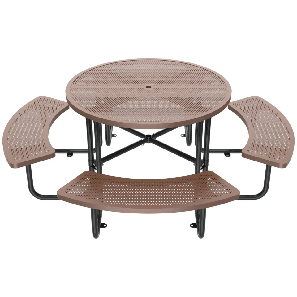 Thickened 46 Round Perforated Metal Outdoor Picnic Table w Umbrella Hole for Camping Site