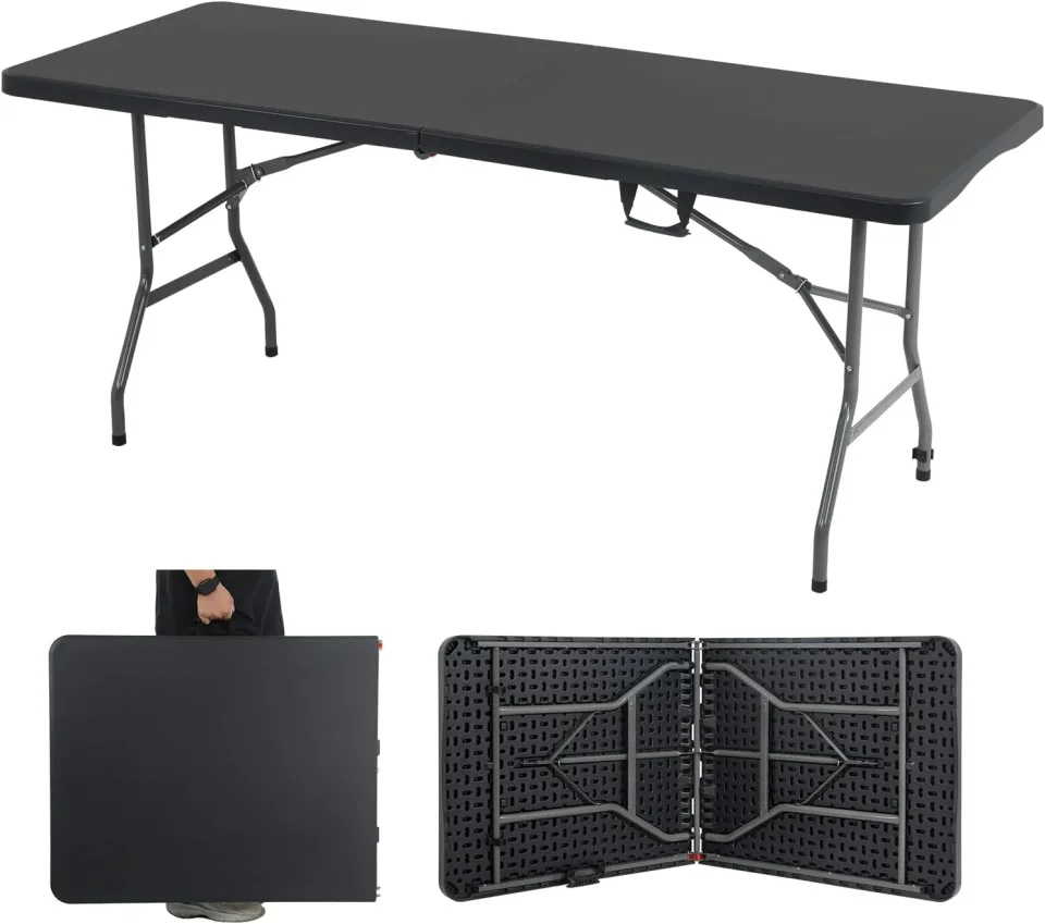 Portable Upgraded 6 Foot Folding Table Portable Picnic Table Folding Camping Table Heavy Duty For Outdoor Indoor Camping, Picnic And Party, Fold In Half With Handle And Sturdy Steel Frame, Black