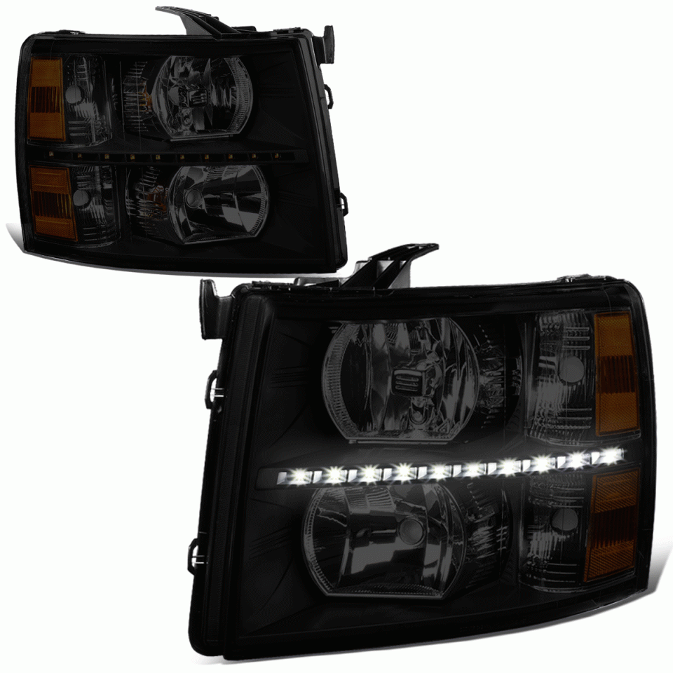 Gift-Ready LED DRL Strip 07-14 Chevy Silverado Tinted Housing Amber Corner Headlight
