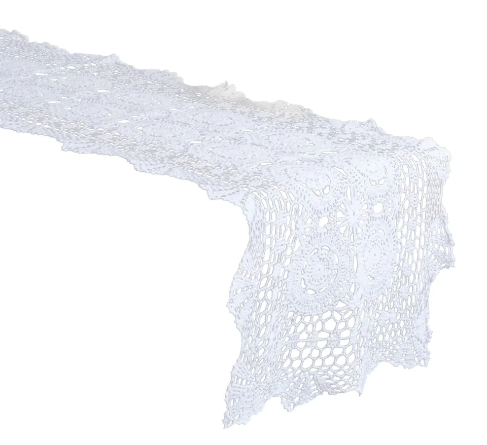 Gift-Ready Fennco Styles Handmade Crochet Lace Cotton Tablecloth (16x36 Table Runner, White)