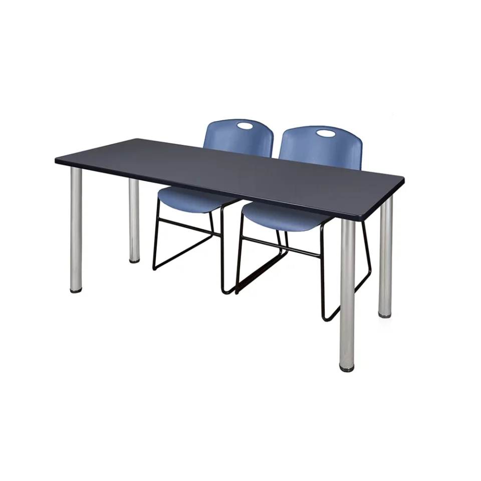 Premium Cooking Belen Kox 60 x 24 Kee Training Table- Grey/ Chrome & 2 Zeng Stack Chairs- Blue